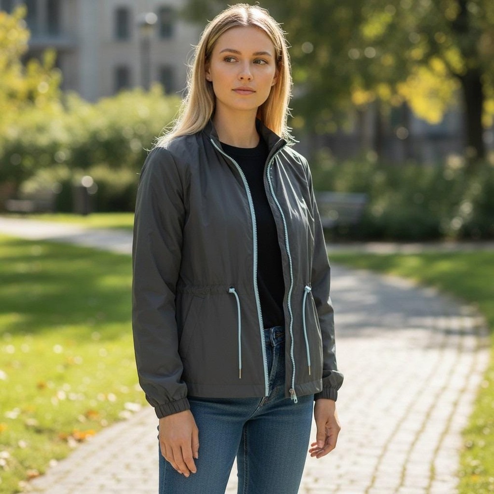 FABLETICS bomber jacket women size M black blue full zipper drawstring waist